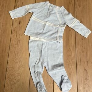 Angel Dear Knit Two Piece Footie Set in Light Blue with White Piping; 0-3 months